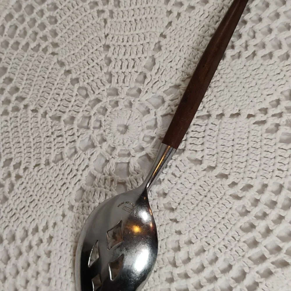 EPIC brand forged stainless steel slotted spoon with faux wood handle Japan 70s